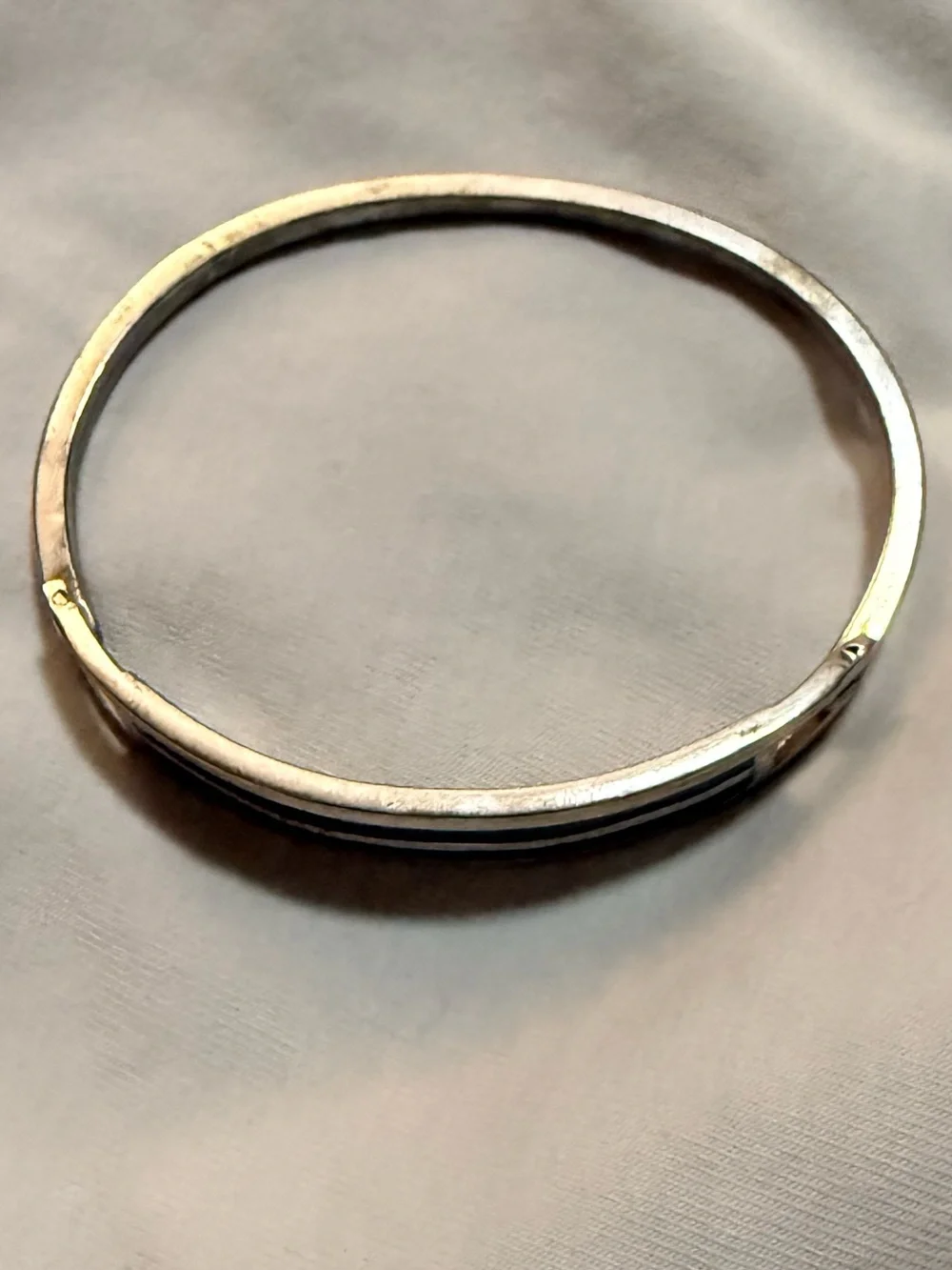 Vintage Mexican Hinged Metal Bangle Bracelet with Black Stripe Inlay